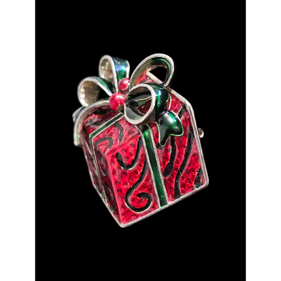 Vintage Pendant Brooch Signed MJ Christmas Present Pendant Enamel Red Green Gold - Picture 3 of 9